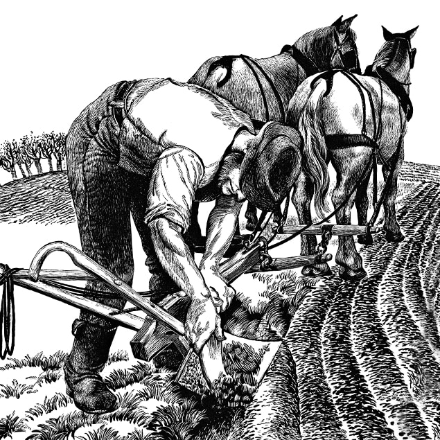 Linjeillustration, der viser en landmand, der skraber jord af sin stålplov