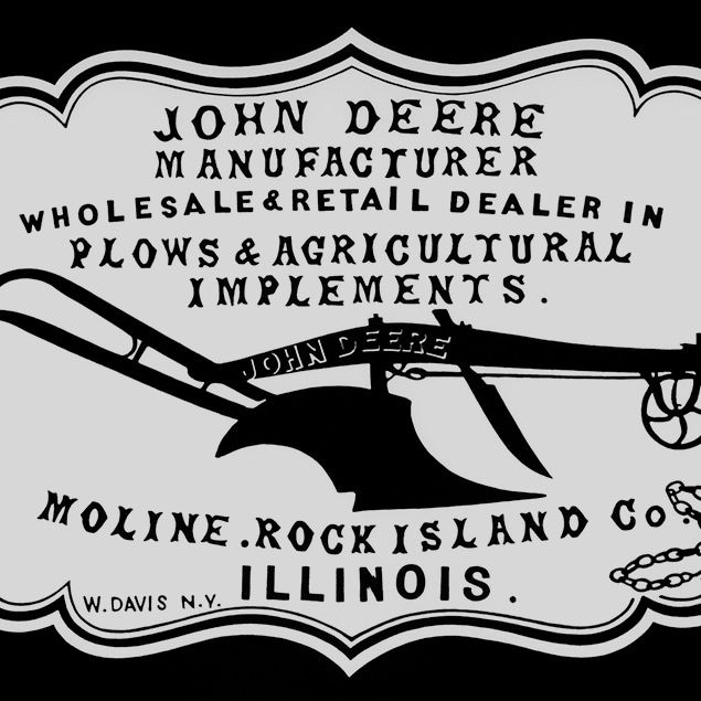 En historisk forhandlerreklame fra 1855: "John Deere Manufacturer, wholesale & retail dealer in plows & agricultural implements. Moline, Rock Island Co. Illinois"