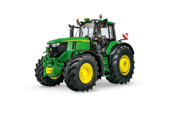 Studiebillede af John Deere 6M 250-traktoren med fokus på førerhus, belysning og det kraftige frontløfteanlæg