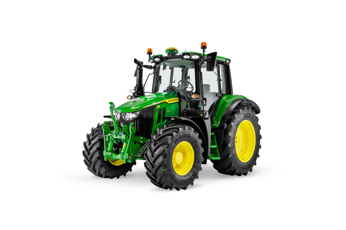 John Deere 6M 105 traktor på hvid baggrund med afbalancerede proportioner og alsidig anvendelse på gården