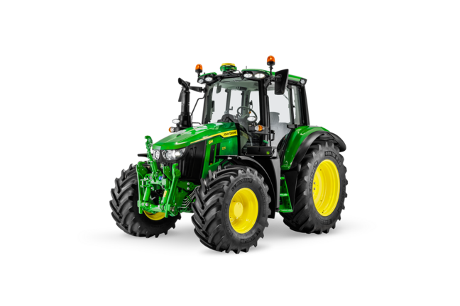 John Deere 6M 125 traktor på hvid baggrund med landbrugsdæk og moderne belysning