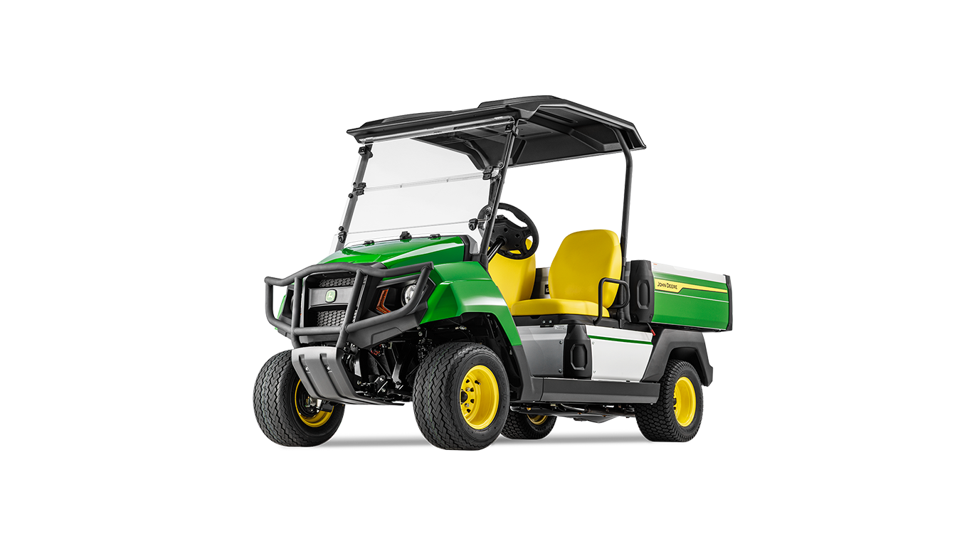En John Deere Gator GS benzintransporter set forfra i en vinkel, med robust støddæmper og rummeligt lad.