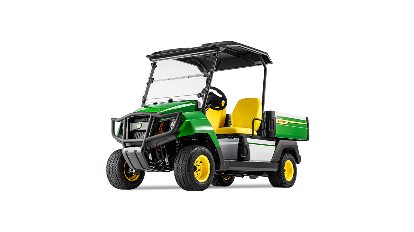 En John Deere Gator GS elektrisk model set forfra i en vinkel, hvor kølergitter, forlygter og gule sæder fremhæves.