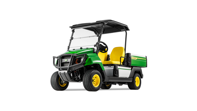 En John Deere Gator GS elektrisk model set forfra i en vinkel, hvor kølergitter, forlygter og gule sæder fremhæves.