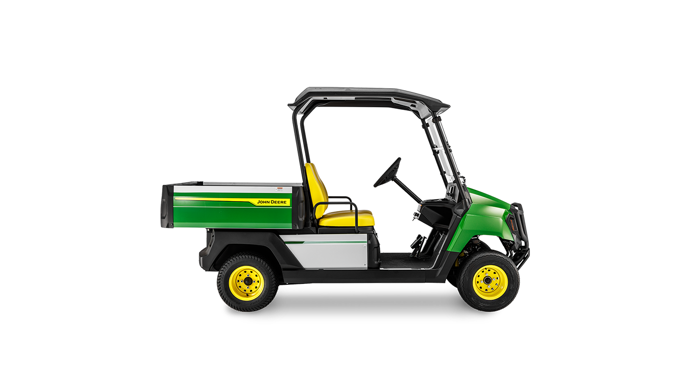 En John Deere Gator GS benzintransporter set fra siden, med grønt karosseri, gule hjul og et åbent førerhusdesign.