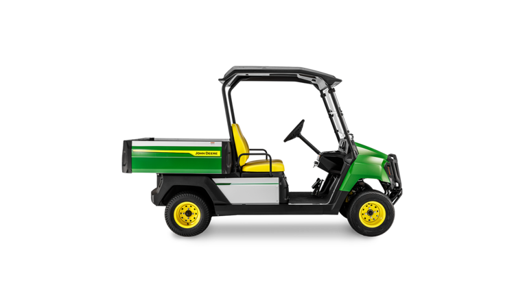 En John Deere Gator GS benzintransporter set fra siden, med grønt karosseri, gule hjul og et åbent førerhusdesign.