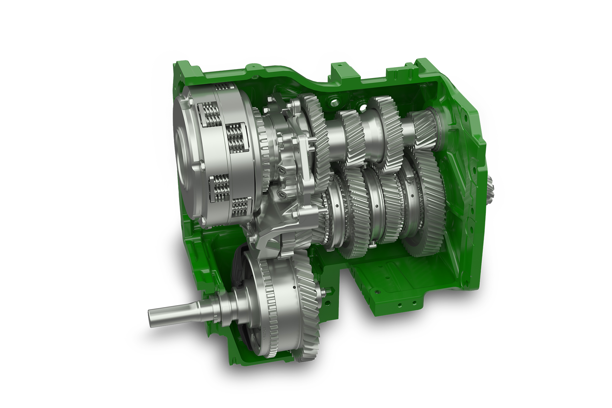 Gennemsnitsillustration af gearkassen i John Deere 6M-serien, der viser de indvendige tandhjul og drivlinjekomponenter.