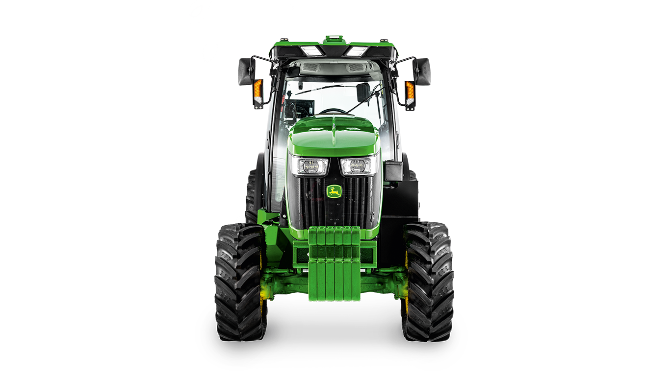 John Deere 5075EN traktor set forfra med forlygter, gitter og vægtklods tydeligt synlig.