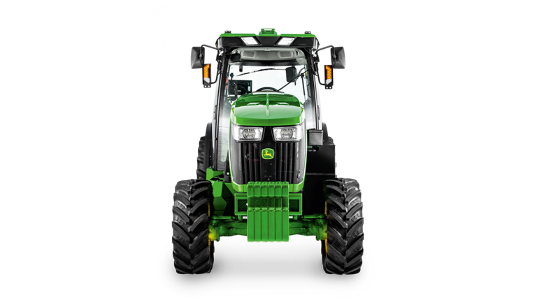 John Deere 5075EN traktor set forfra med forlygter, gitter og vægtklods tydeligt synlig.