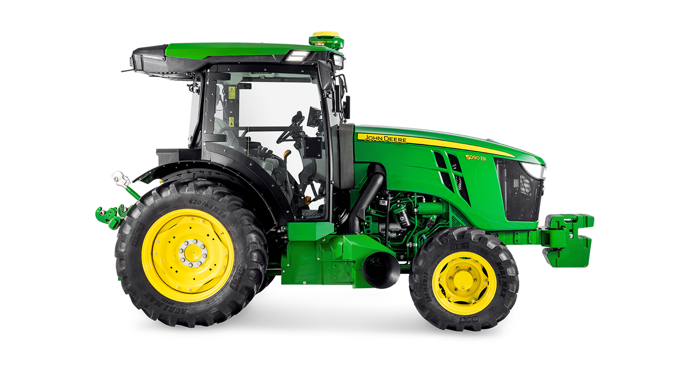 Sideprofil af John Deere 5090EN traktor, med førerhusdesign og store bagdæk fremhævet.