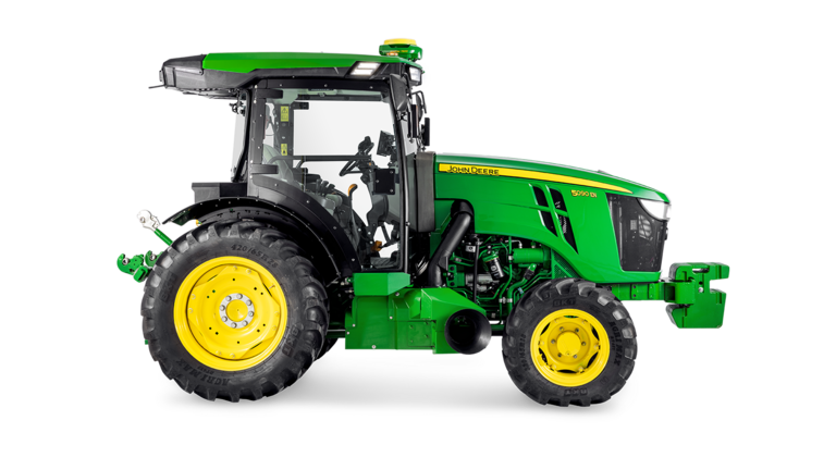 Sideprofil af John Deere 5090EN traktor, med førerhusdesign og store bagdæk fremhævet.