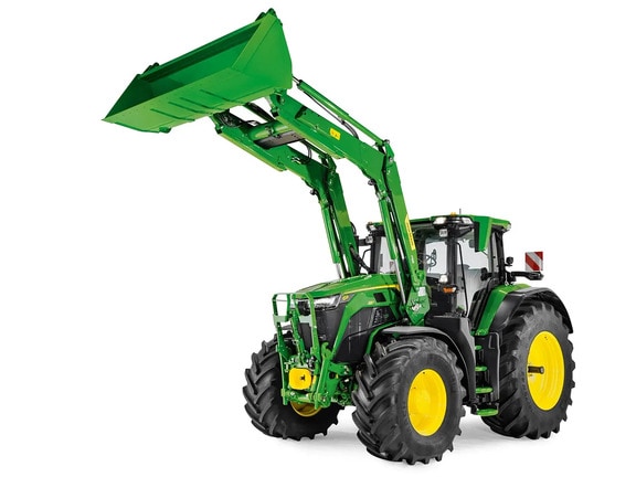 John Deere frontlæsserudstyr med bred skovl, vist afmonteret på hvid baggrund.